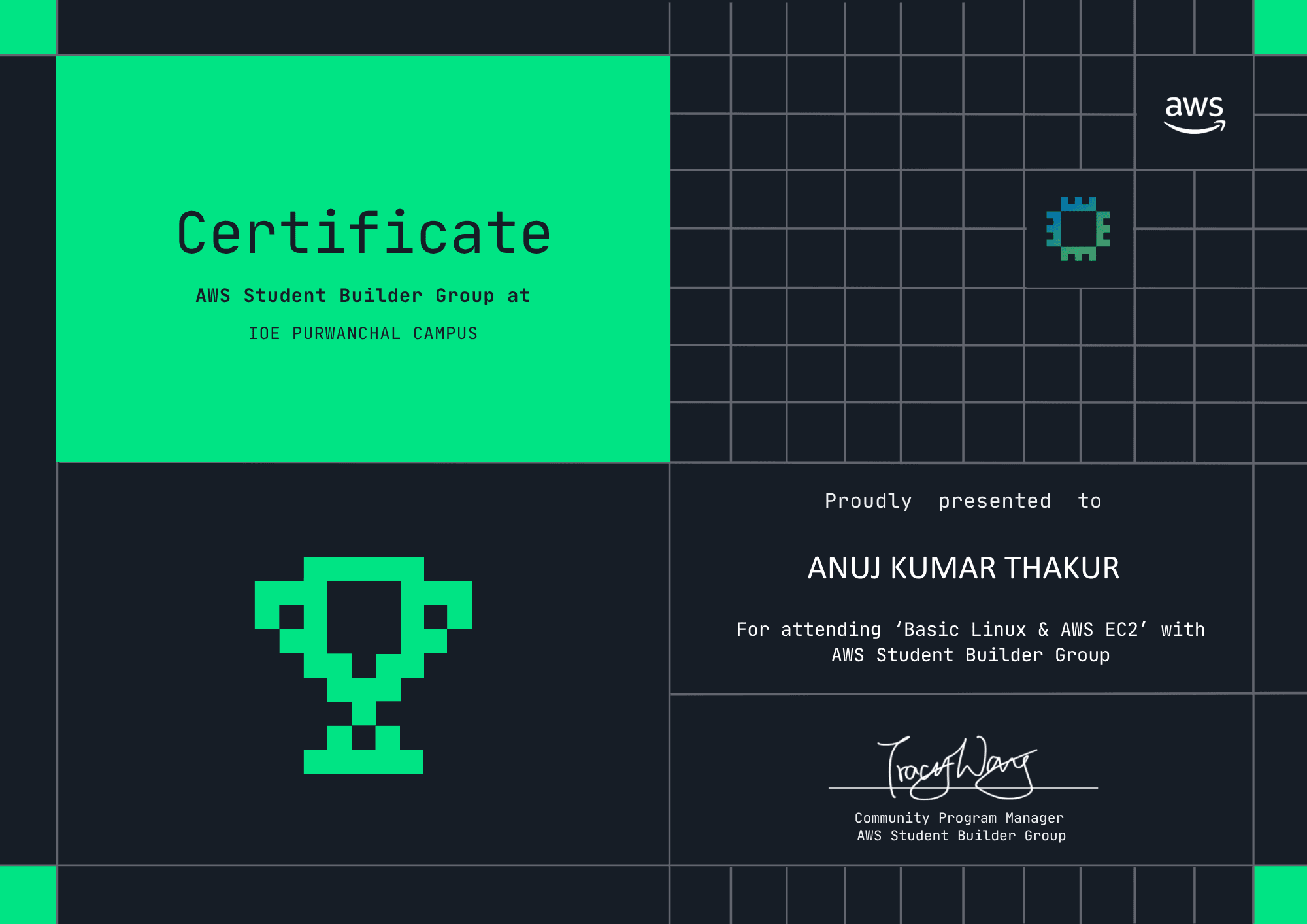 Certificate of Participation — Basic Linux & AWS EC2, AWS Student Builder Group, IOE Purwanchal Campus